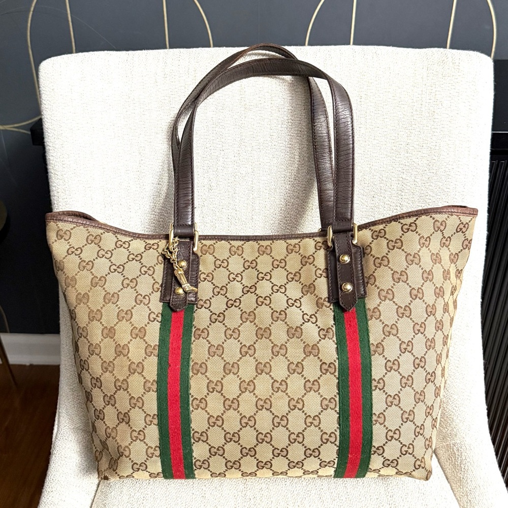 Gucci authentic Sherry Line open tote bag monogram brown canvas ribbon accents - Picture 2 of 16